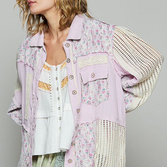 P7239 POL  Lavender jacket, balloon sleeve, relaxed fit top in twill with lace - Picture 3 of 5